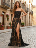 Robe de bal en satin noire bustier en dentelle avec nœud et fente