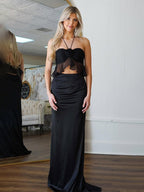 Black Mermaid Halter Neck Long Satin Prom Dress with 3D Flower