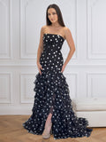 Black Polka Dot StraplessTiered Ruffles Mermaid Prom Dress