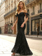Vestido de fiesta de graduación sirena negro con lentejuelas, escote corazón y detalles románticos de lazo