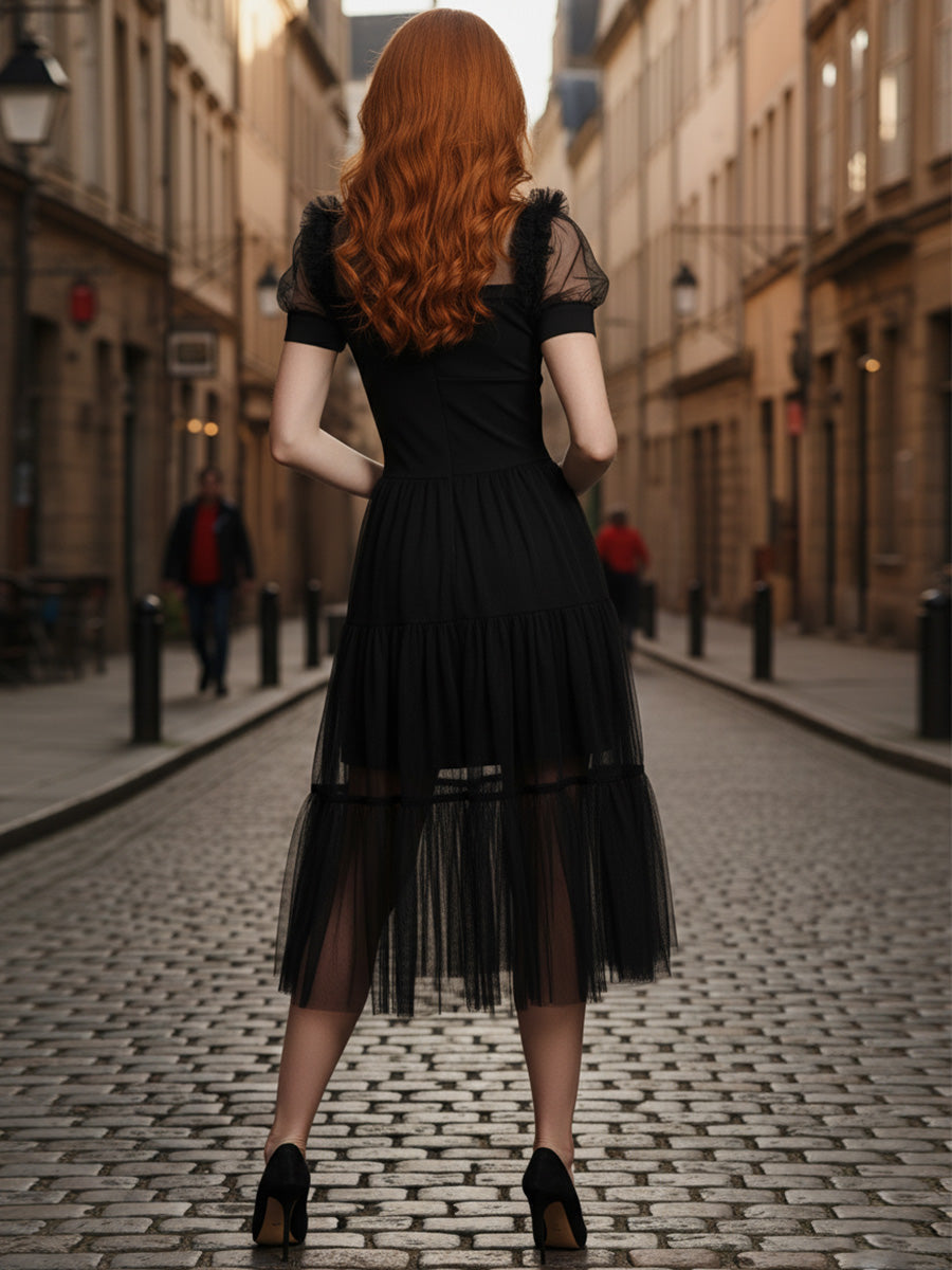 Black Tulle A Line Collar Neck Midi Cocktail Party Dress Cosplay Costume