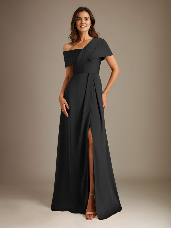 A-Linien asymmetrischer Ausschnitt bodenlanges Satin-Brautkleid für die Brautmutter mit Falten
