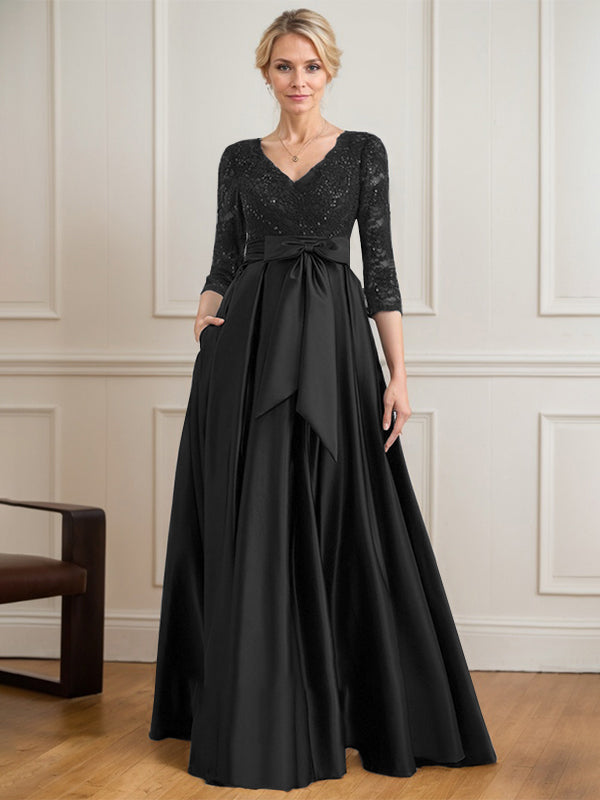 Robe mère de la mariée en satin et dentelle, coupe trapèze, col en V, longue avec nœud à sequins
