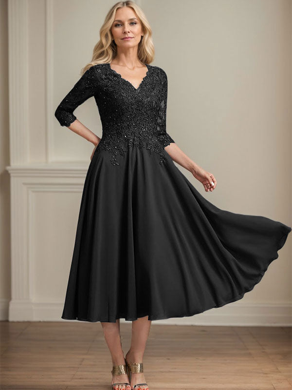 Robe de mère de la mariée en mousseline longueur thé, ligne A, col en V, en dentelle avec perles et sequins