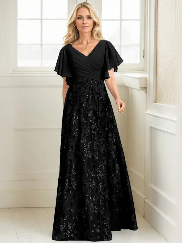 Vestido de madre de la novia en línea A con escote en V, largo hasta el suelo, encaje, lentejuelas y gasa plisada