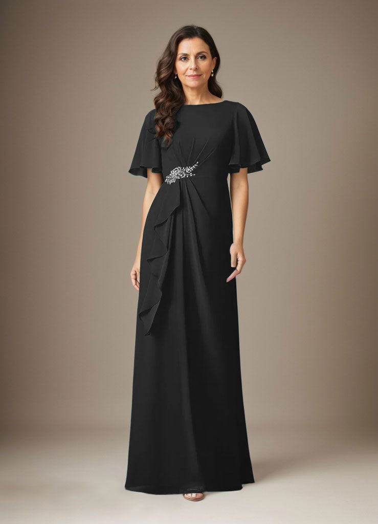 Dunkelmarineblaues Etuikleid mit Perlenbesatz aus Chiffon