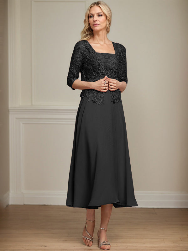 Robe de mère de la mariée en mousseline et dentelle ligne A longueur thé avec perles et sequins
