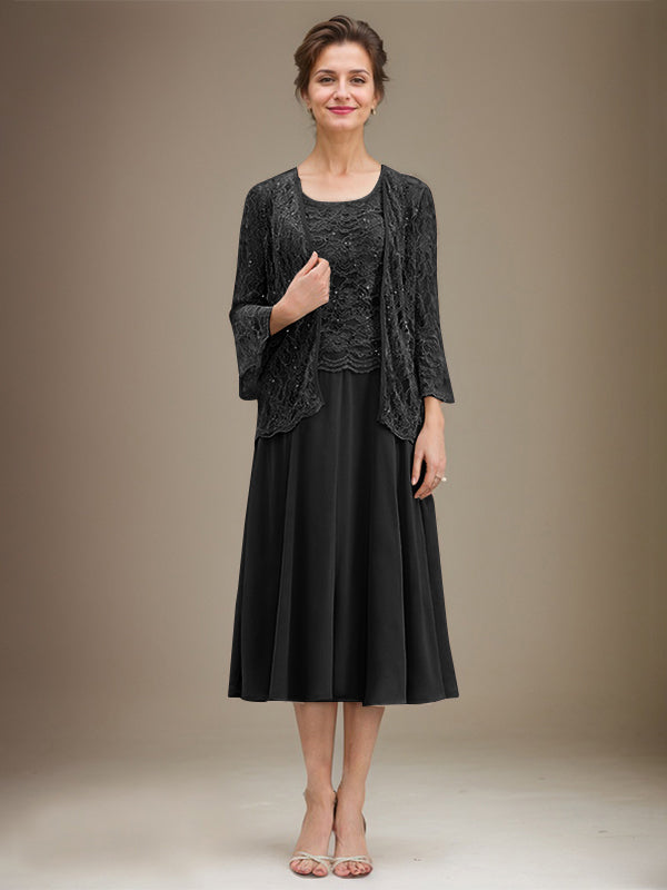 A-Linien Spitzen-Chiffon-Brautmutterkleid mit V-Ausschnitt, tea-length, mit Pailletten