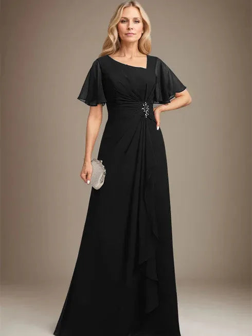 A-Linien asymmetrisches bodenlanges Chiffon Mutter-der-Braut-Kleid mit plissierten Perlen und Pailletten