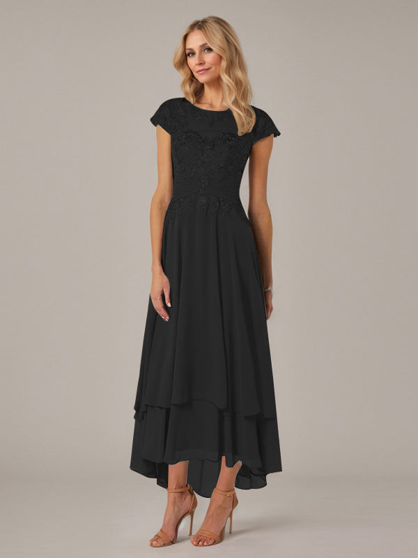 A-Linien Boot-Ausschnitt Illusions asymmetrisches Chiffon-Spitzen Mutterkleid der Braut mit Applikationsfalten