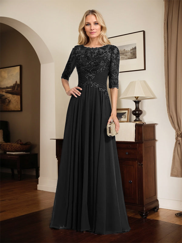 A-Linien Ausschnitt Illusions-Bodenlanges Chiffon-Spitzenkleid für die Mutter der Braut mit plissierten Pailletten