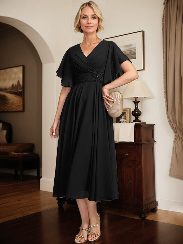 A-Linien Kleid mit V-Ausschnitt, tea-length Chiffon, Mutter der Braut mit plissierten Perlen