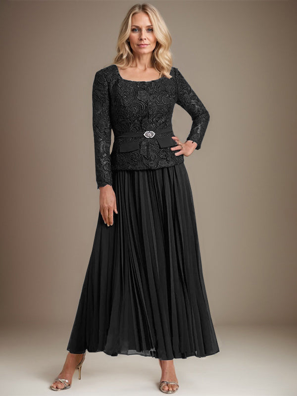A-Linien-Kleid mit quadratischem Ausschnitt, knöchellang, Chiffon, Mutter der Braut, mit Falten
