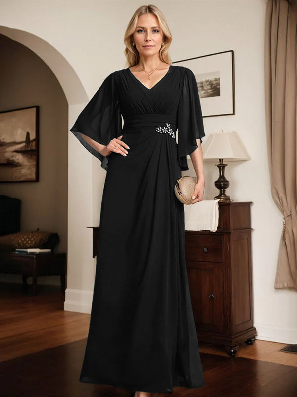 Etuikleid/Säule V-Ausschnitt bodenlanges Chiffon Mutter-der-Braut-Kleid mit plissierten Pailletten und Perlen