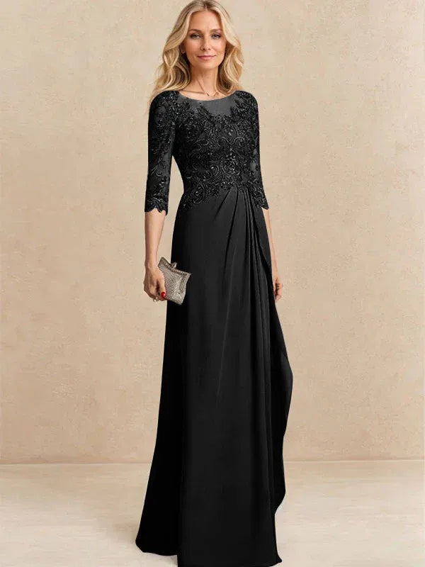 Vestido para la madre de la novia línea A con escote redondo ilusión, largo hasta el suelo, de gasa y encaje con cuentas, lentejuelas y volantes en cascada