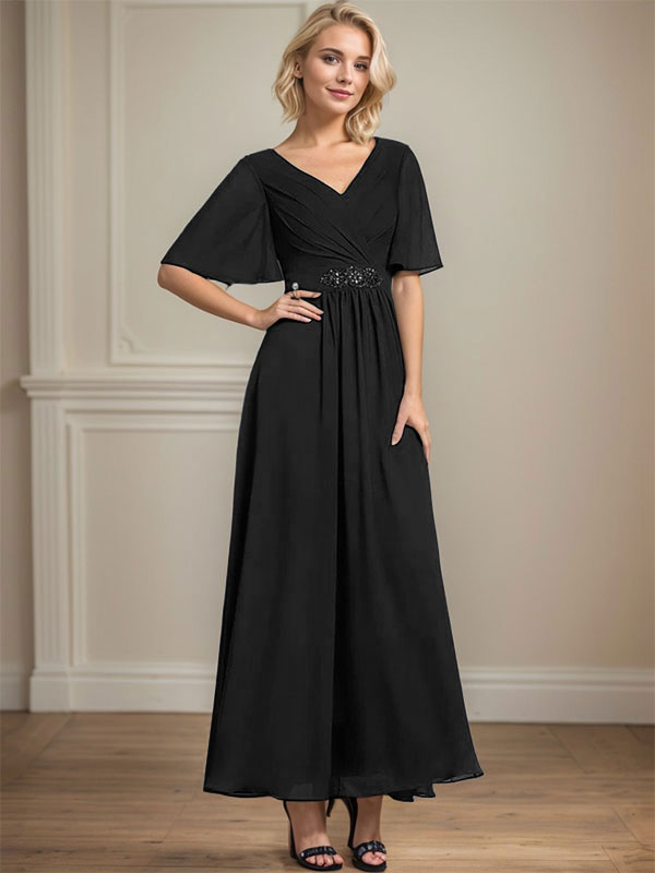 A-Linien V-Ausschnitt Knöchellanges Chiffon Kleid für die Brautmutter mit plissierten Perlen und Pailletten