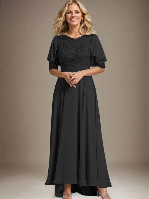 A-Linien Kleid mit Scoop-Ausschnitt, Illusion, asymmetrischem Chiffon und Spitzen, Mutter-der-Braut-Kleid mit Perlenbesatz