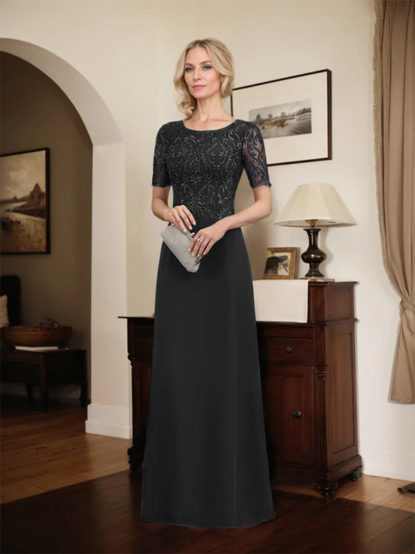 A-Linien Spitzen-Chiffon-Mutter-der-Braut-Kleid mit Rundhalsausschnitt, bodenlang und Pailletten