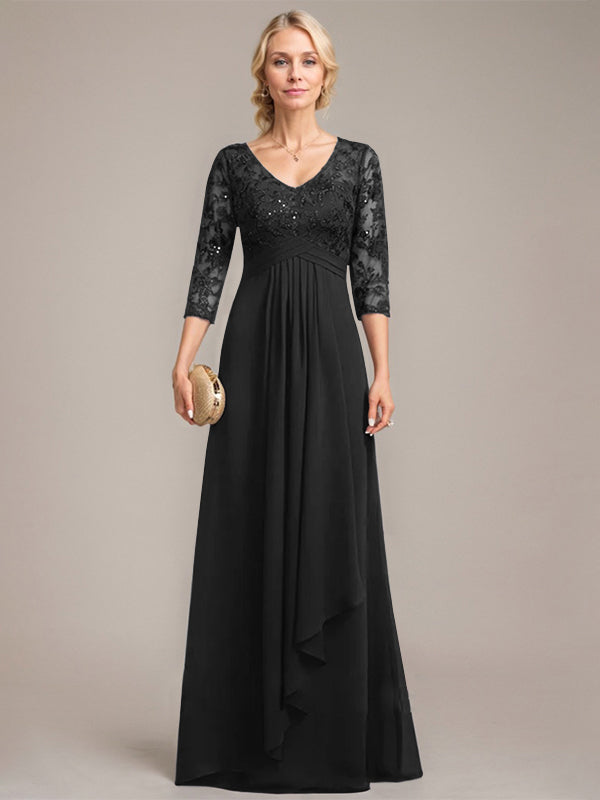 A-Linien V-Ausschnitt bodenlanges Spitzen-Chiffonkleid für die Mutter der Braut mit kaskadierenden Rüschen und Pailletten