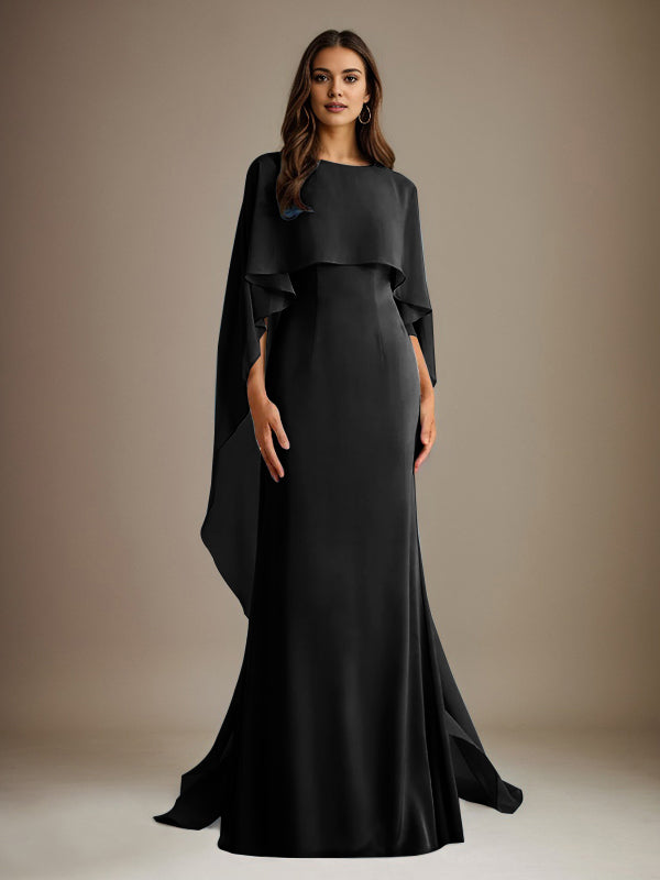 Etuikleid/Säulenkleid Bootsausschnitt bodenlanges Chiffon Mutter-des-Braut-Kleid mit kaskadierenden Rüschen
