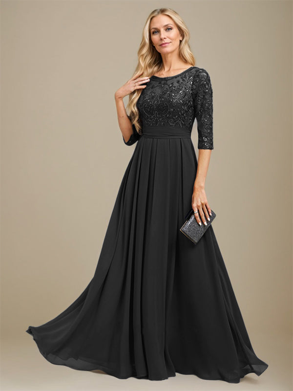 A-Line Scoop Floor-Length Lace Chiffon Mother Of the Bride Dress With Sequins Applique