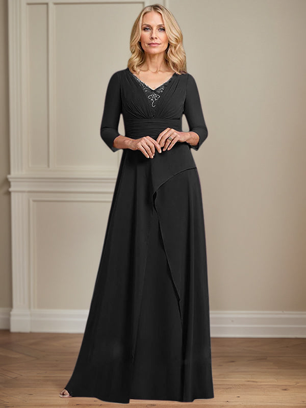 A-Linien Chiffon-Mutter-der-Braut-Kleid mit V-Ausschnitt, bodenlang, plissierte Perlenverzierung