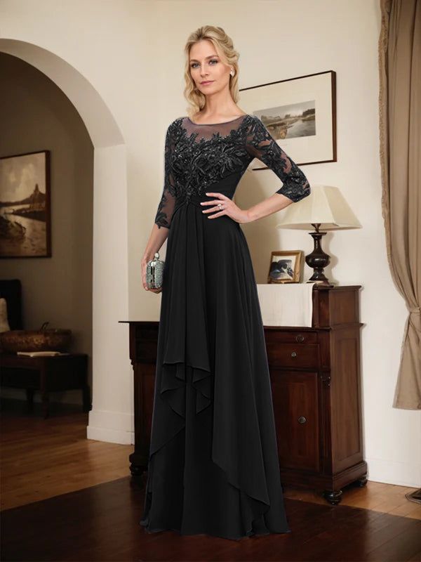 Robe mère de la mariée en ligne A avec col rond illusion, dentelle et chiffon longueur sol avec volants en cascade