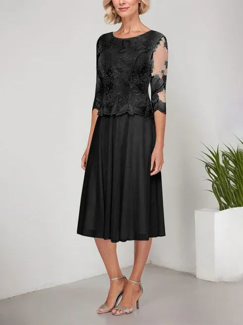 A-Linie Rundhals Tee-Länge Spitze Chiffon Mutter-der-Braut-Kleid mit Stickerei