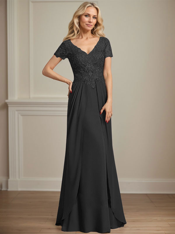 A-Linien Chiffon-Spitzen-Mutter-der-Braut-Kleid mit V-Ausschnitt, bodenlang