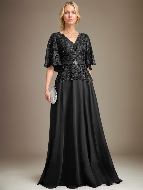A-Linien V-Ausschnitt Bodenlanges Chiffon-Spitzen Mutter-der-Braut-Kleid mit Kristallbrosche und Strass