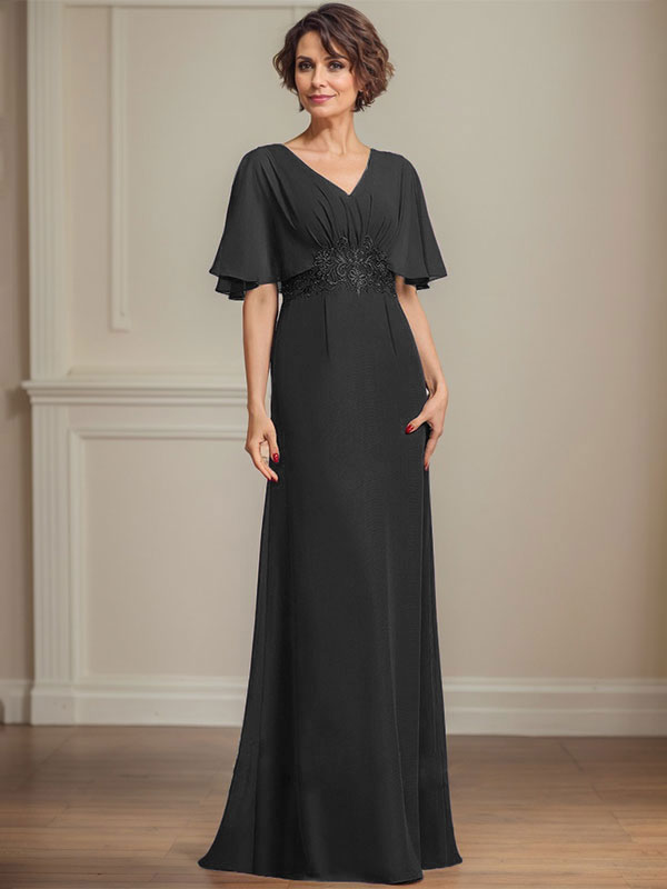 A-Linien Chiffon Mutter-der-Braut-Kleid mit V-Ausschnitt, bodenlang, mit plissierten Pailletten-Applikationen und Spitze