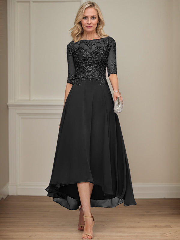 A-Linien Bootsausschnitt Illusionskleid mit asymmetrischem Chiffon-Spitzenstoff, Mutter-der-Braut-Kleid mit Paillettenperlen