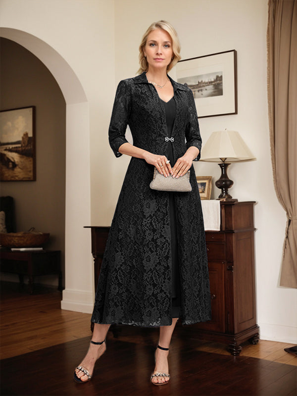 Robe mère de la mariée en mousseline longueur thé à encolure en V et coupe trapèze