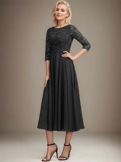 A-Linien Spitzen-Chiffon-Brautmutterkleid mit V-Ausschnitt, tea-length, mit Pailletten