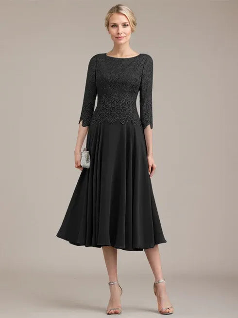A-Linien Kleid mit Rundhalsausschnitt, tea-länge, Spitze und Chiffon, Mutter der Braut Kleid