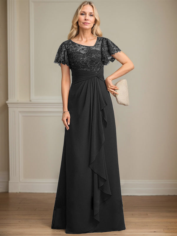 A-Linie asymmetrisches Illusions bodenlanges Spitzen-Chiffon Brautmutterkleid mit kaskadierenden Volants und Pailletten