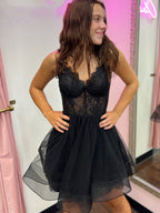 Black A-line V Neck Beaded Short Tulle Homecoming Dress