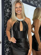 Black Beads Halter Open Back Homecoming Dress with Keyhole