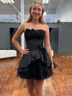 Black Floral A Line Strapless Short Homecoming Dress