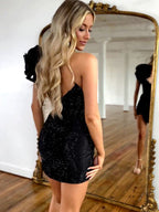 Black One Shoulder Bodycon Beaded Homecoming Dress With Flower