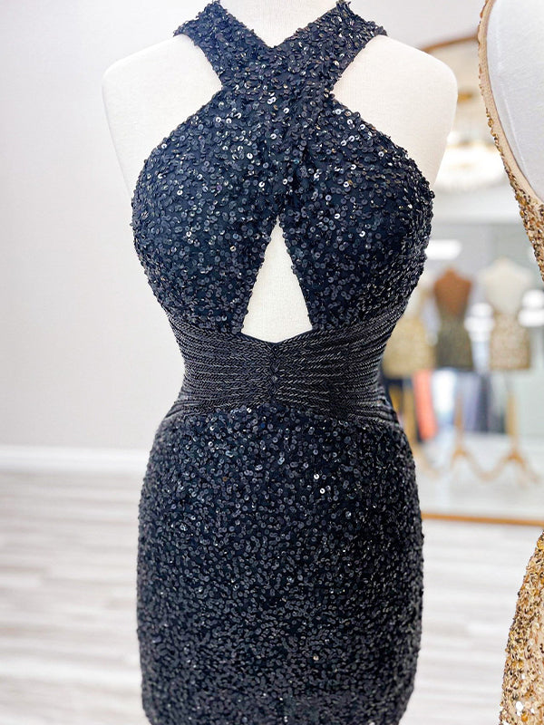 Black Sequin Cross-Front Short Homecoming Dress