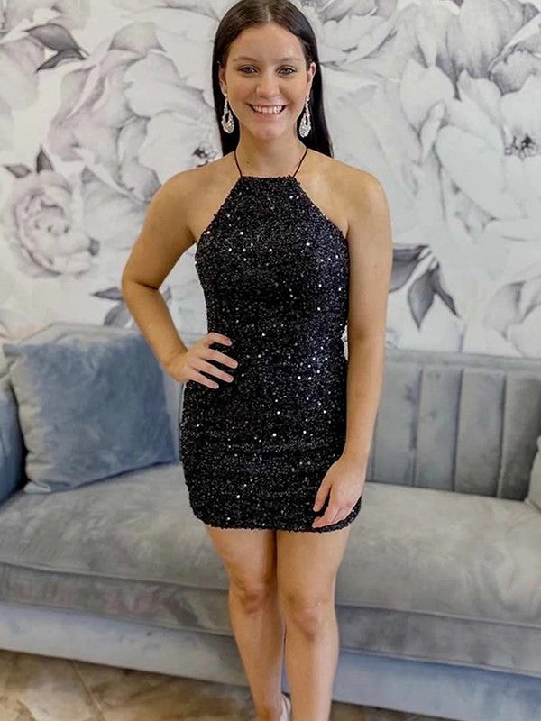 Black Sequin Halter Backless Short Homecoming Dress