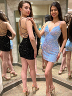 Black Sequin Straps Bodycon Homecoming Dress with Lace Up Back