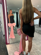 Black Strapless Front Sheath Short Homecoming Dress with Bow
