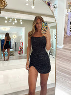 Black Strapless Sequins Tight Short Homecoming Dress with Beadings