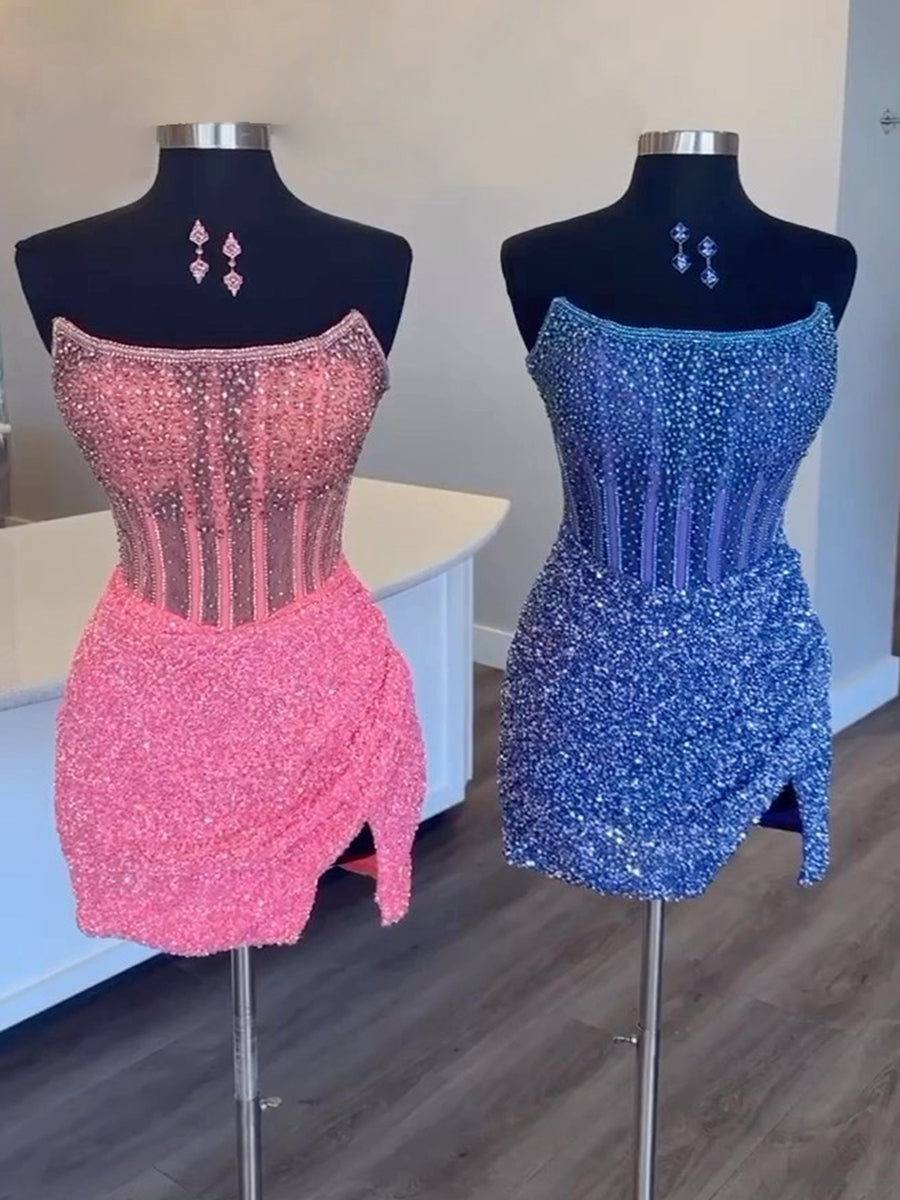 Robe de bal courte moulante sans bretelles avec sequins et perles