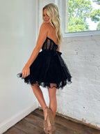 Black Strapless Tulle A-Line Short Homecoming Dress With Belt