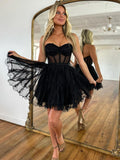 Black Strapless Tulle A-Line Short Homecoming Dress With Belt