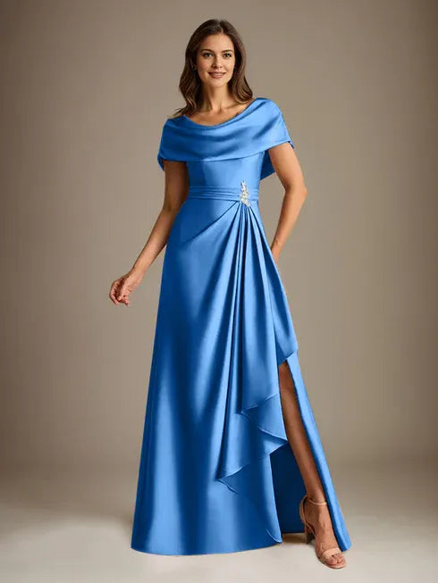 A-Linien-Kleid mit Rundhalsausschnitt, bodenlang, aus Stretch-Satin, Brautmutterkleid mit fallenden Rüschen