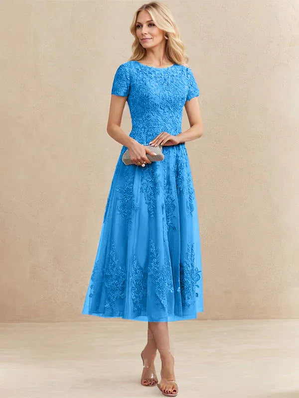 Robe de mère de la mariée A-line en tulle et dentelle, col arrondi, longueur thé